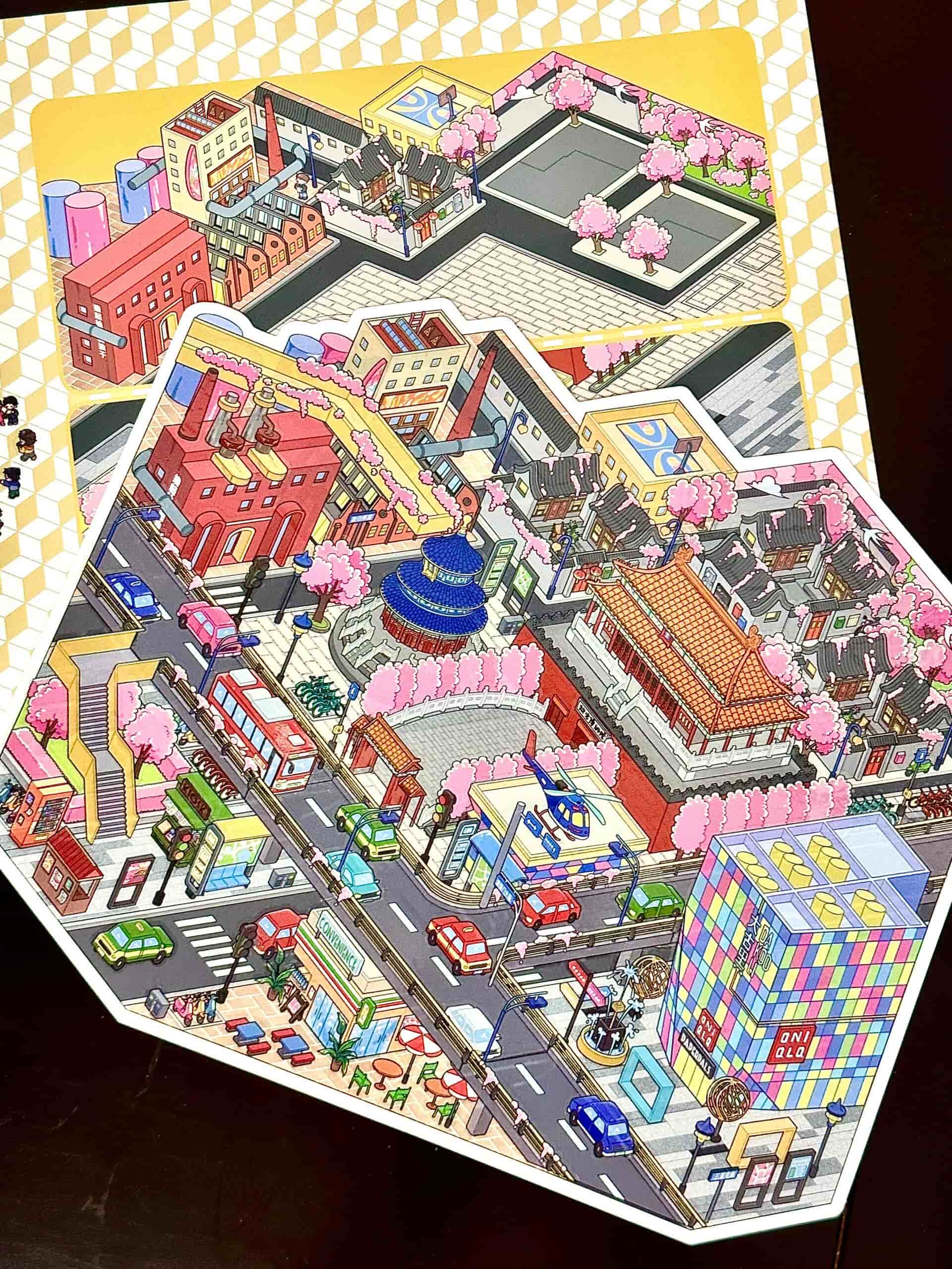 Colorful cityscape illustration with various buildings and vehicles on a hexagonal grid.