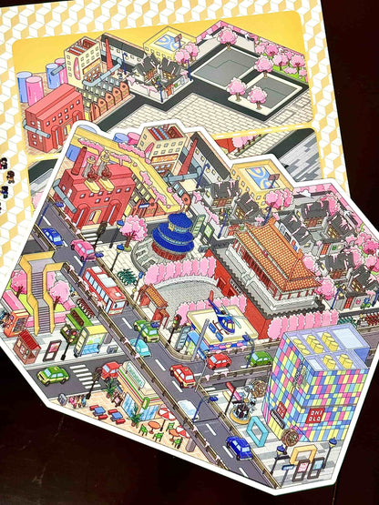 Colorful cityscape illustration with various buildings and vehicles on a hexagonal grid.
