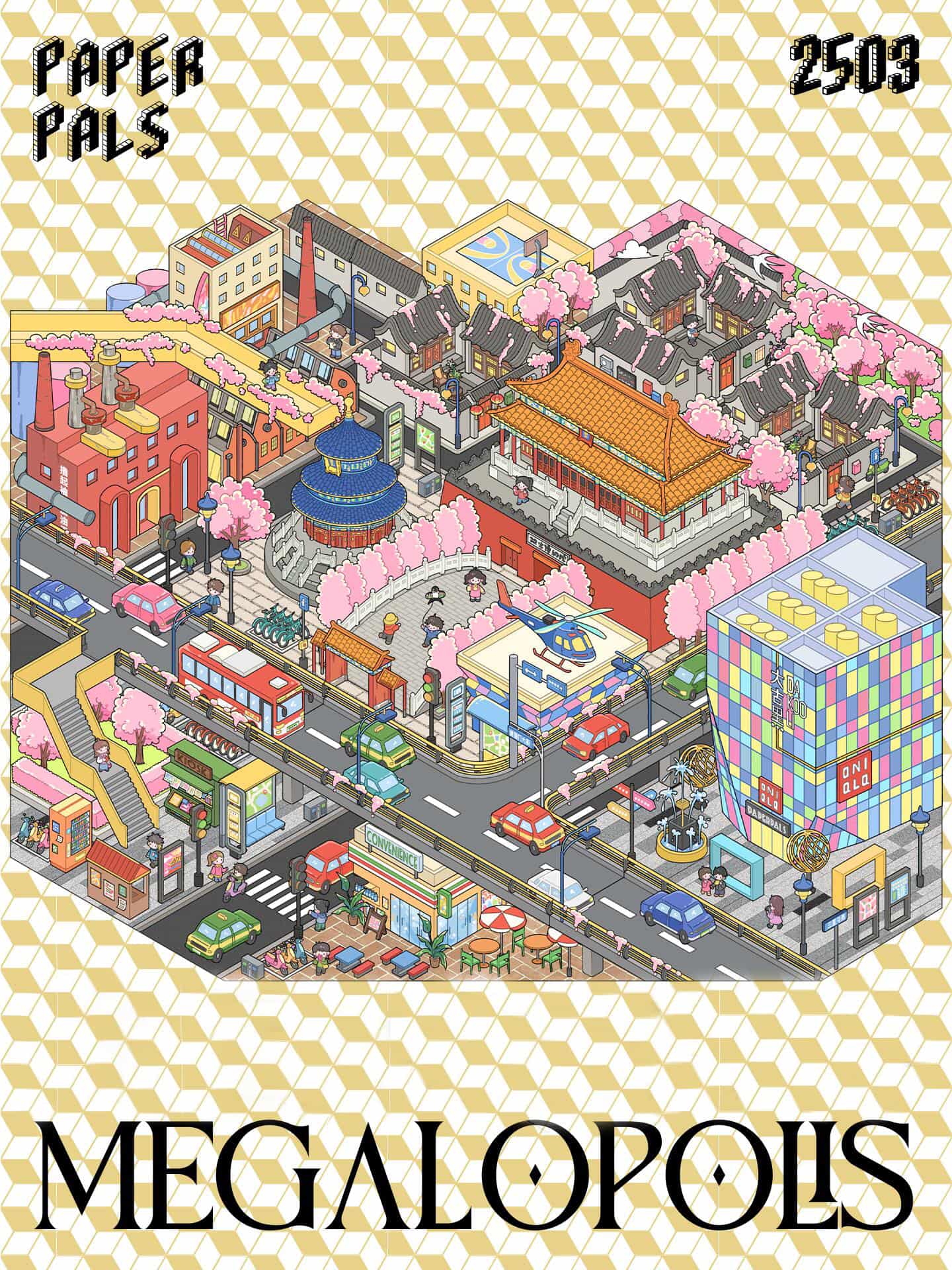 Illustration of a colorful cityscape with buildings and roads, labeled 'Megalopolis' and 'Paper Pals'.