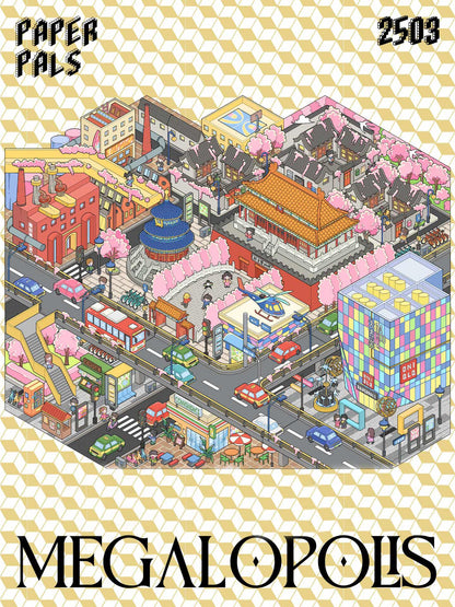 Illustration of a colorful cityscape with buildings and roads, labeled 'Megalopolis' and 'Paper Pals'.
