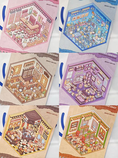 Set of six hexagonal cards with illustrated interior designs on a white background.