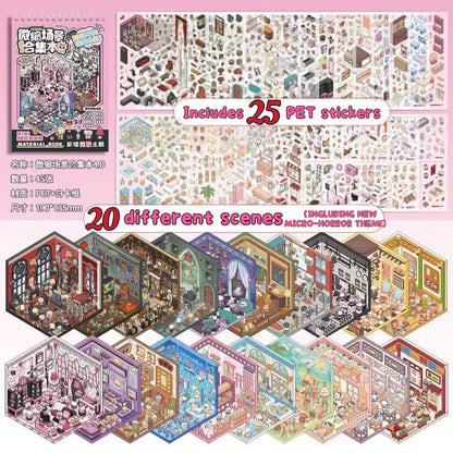 Set of miniature room models with a pink border and text indicating 25 PET stickers included.