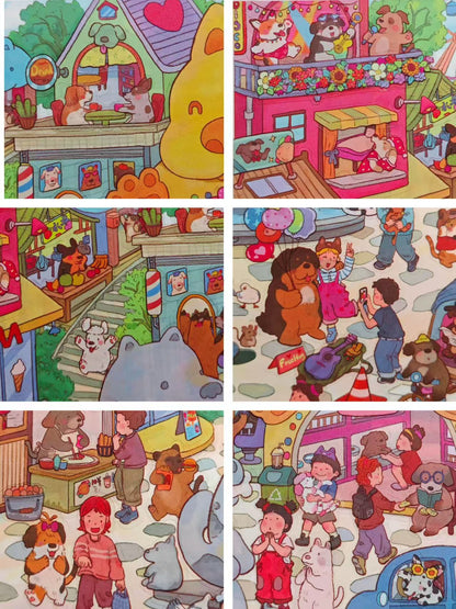 Collage of colorful illustrations featuring cartoon characters and scenes.