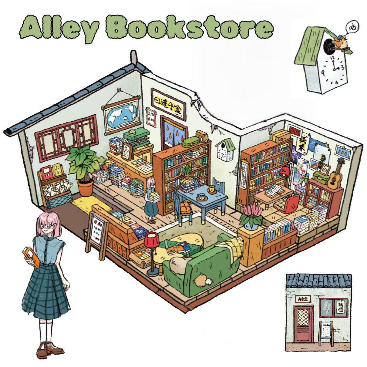 Alley Bookstore scenery sticker – vintage-style bookshop scene with cozy shelves, reading corners, and a relaxing sofa space