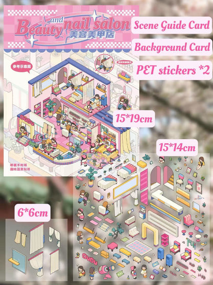 Beauty and Nail Salon sticker set contents – PET stickers, background card, and scene guide card with beauty salon elements