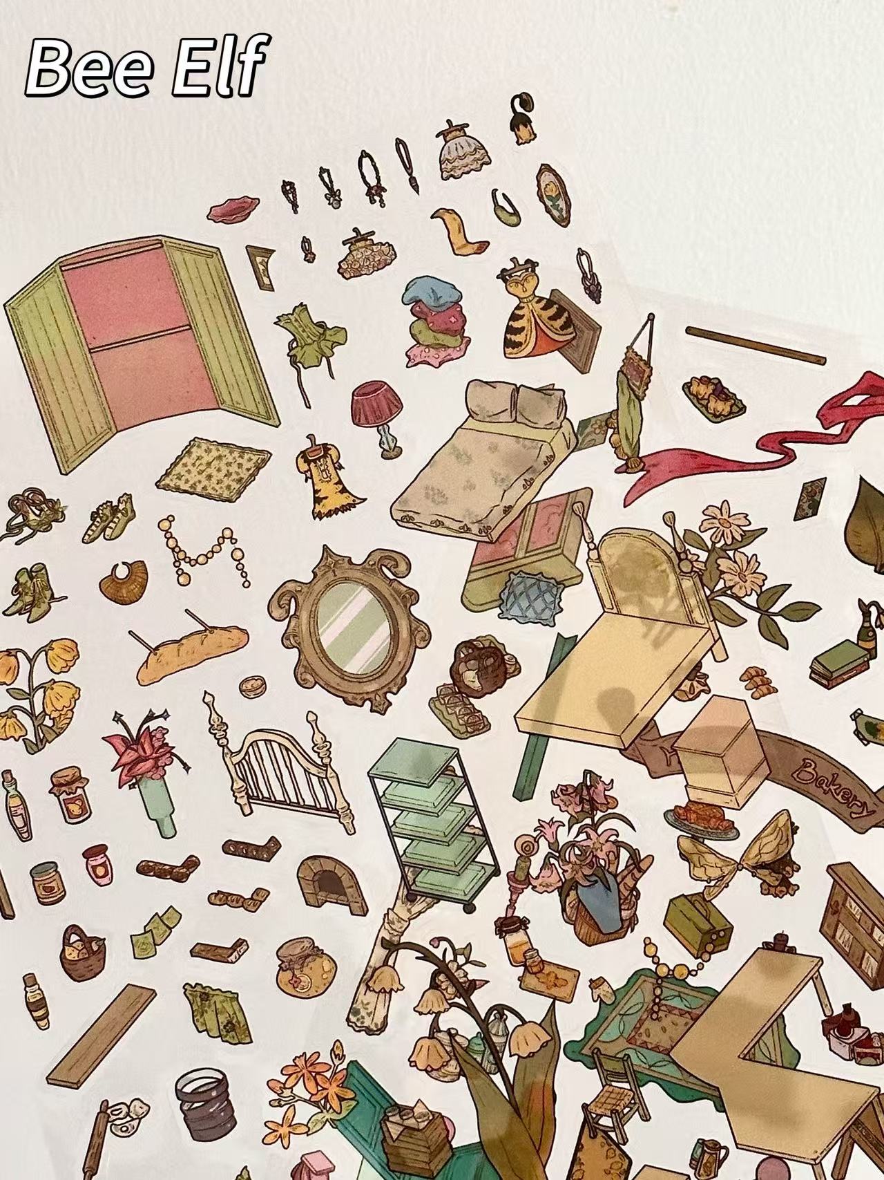 Illustrated pattern of various small objects and furniture pieces on a beige background with 'Bee Elf' branding.