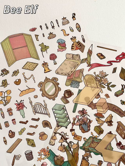 Illustrated pattern of various small objects and furniture pieces on a beige background with 'Bee Elf' branding.