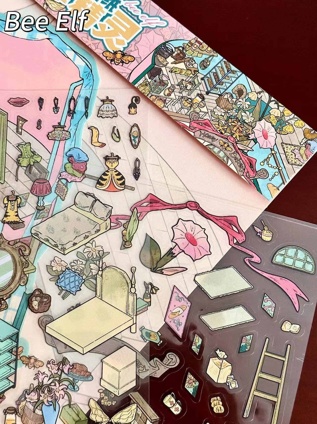 Collage of illustrated stickers with various designs on a dark background