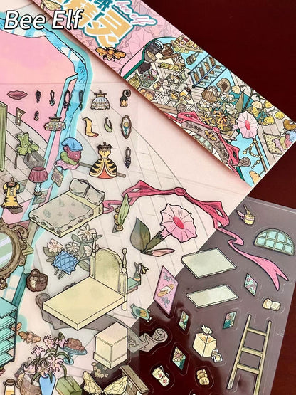 Collage of illustrated stickers with various designs on a dark background