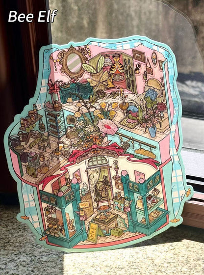 Detailed miniature model of a dollhouse with intricate furniture and decor, featuring the brand 'Bee Elf'.