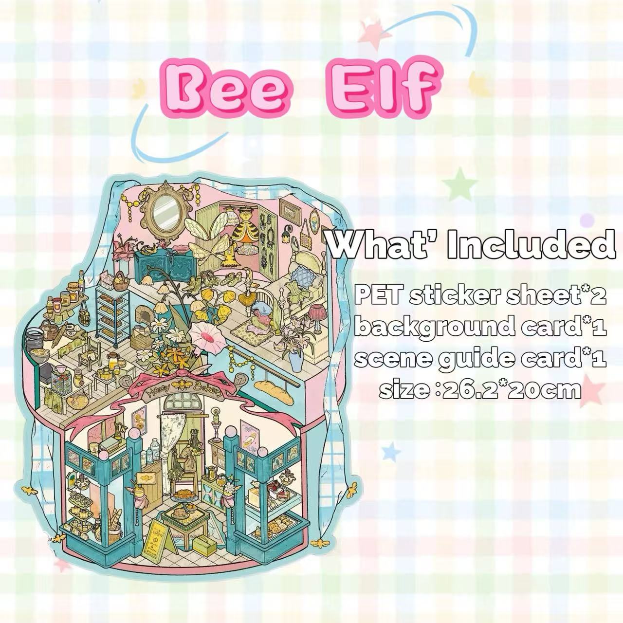 Illustration of a dollhouse with 'Bee Elf' branding on a colorful background