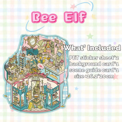 Illustration of a dollhouse with 'Bee Elf' branding on a colorful background
