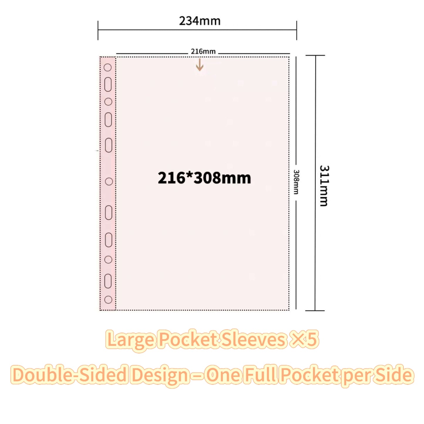 Measurement chart of large pocket sleeves with dimensions and text on a white background