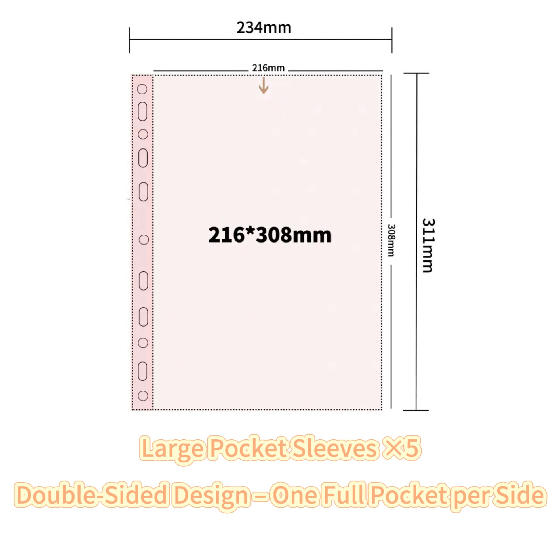 Measurement chart of large pocket sleeves with dimensions and text on a white background