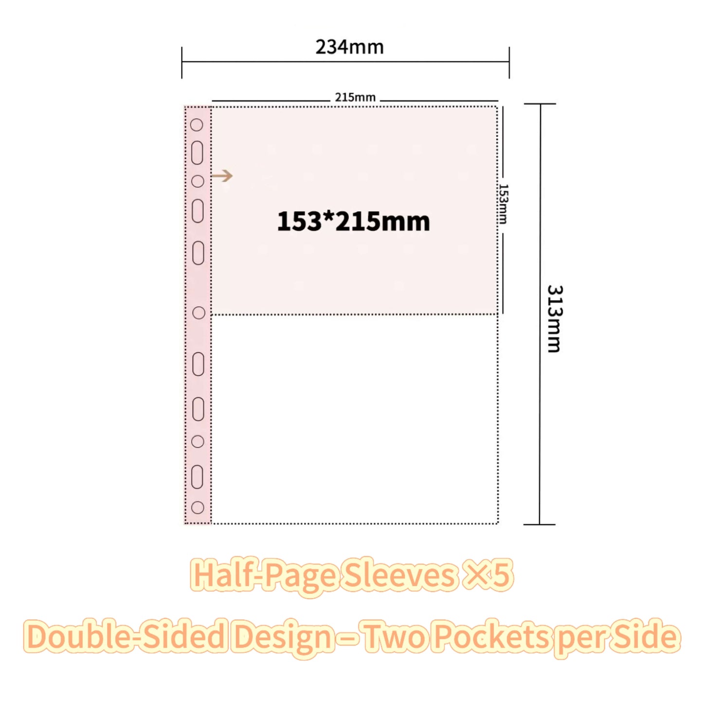 Measurement chart of a half-page sleeve with dimensions and text on a white background