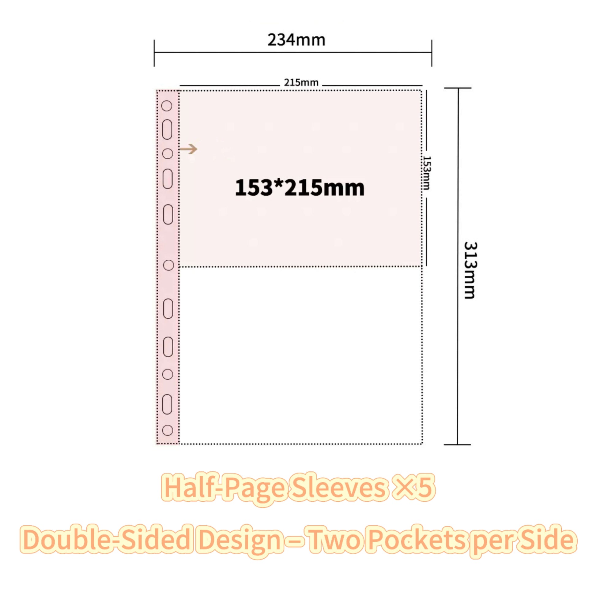 Measurement chart of a half-page sleeve with dimensions and text on a white background