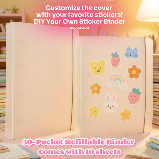 20-pocket refillable binder with stickers on a desk