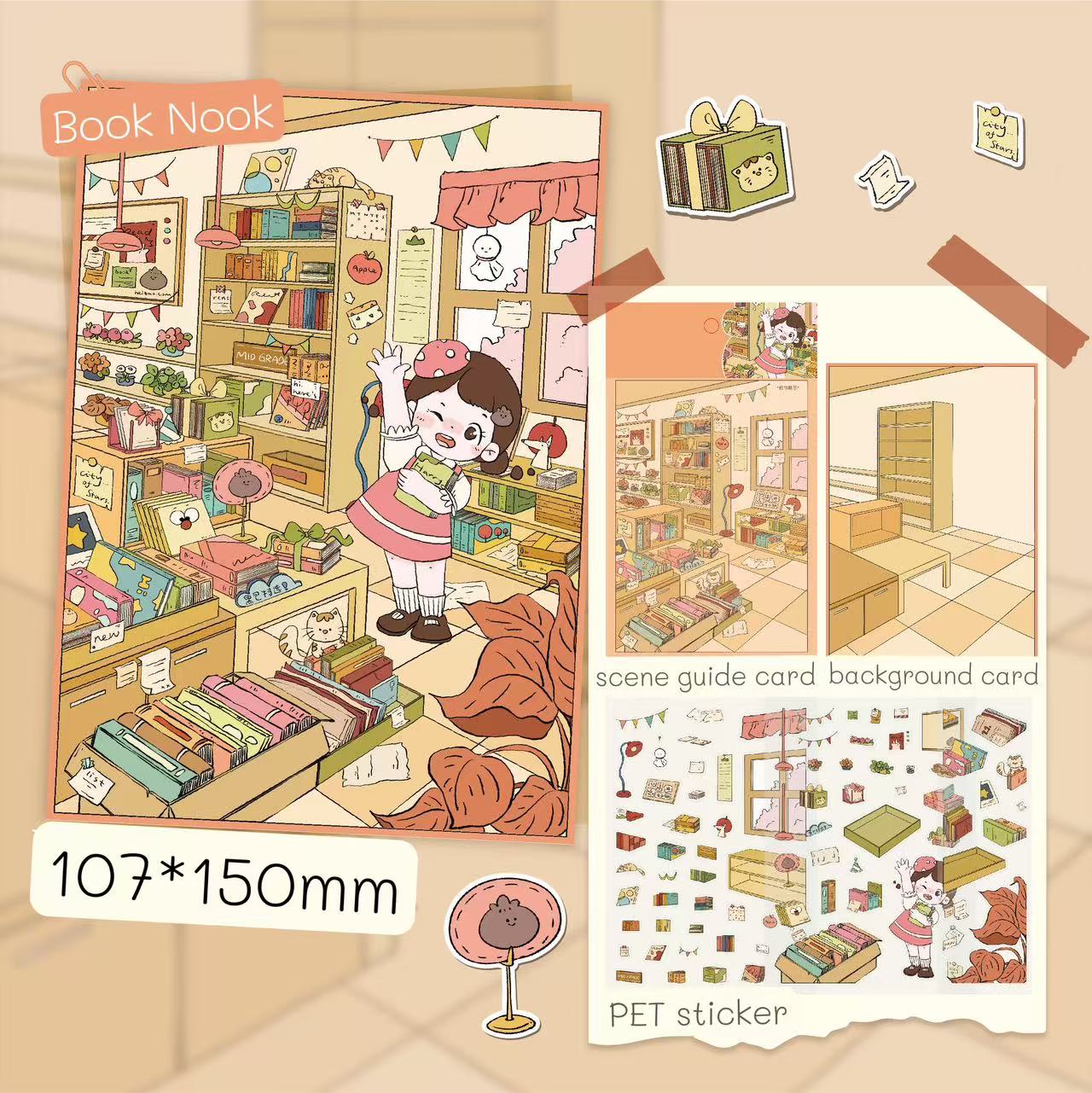 Book Nook sticker kit – includes background card, scene guide, and PET sticker sheets with books and cozy furniture