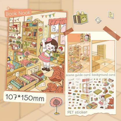 Book Nook sticker kit – includes background card, scene guide, and PET sticker sheets with books and cozy furniture