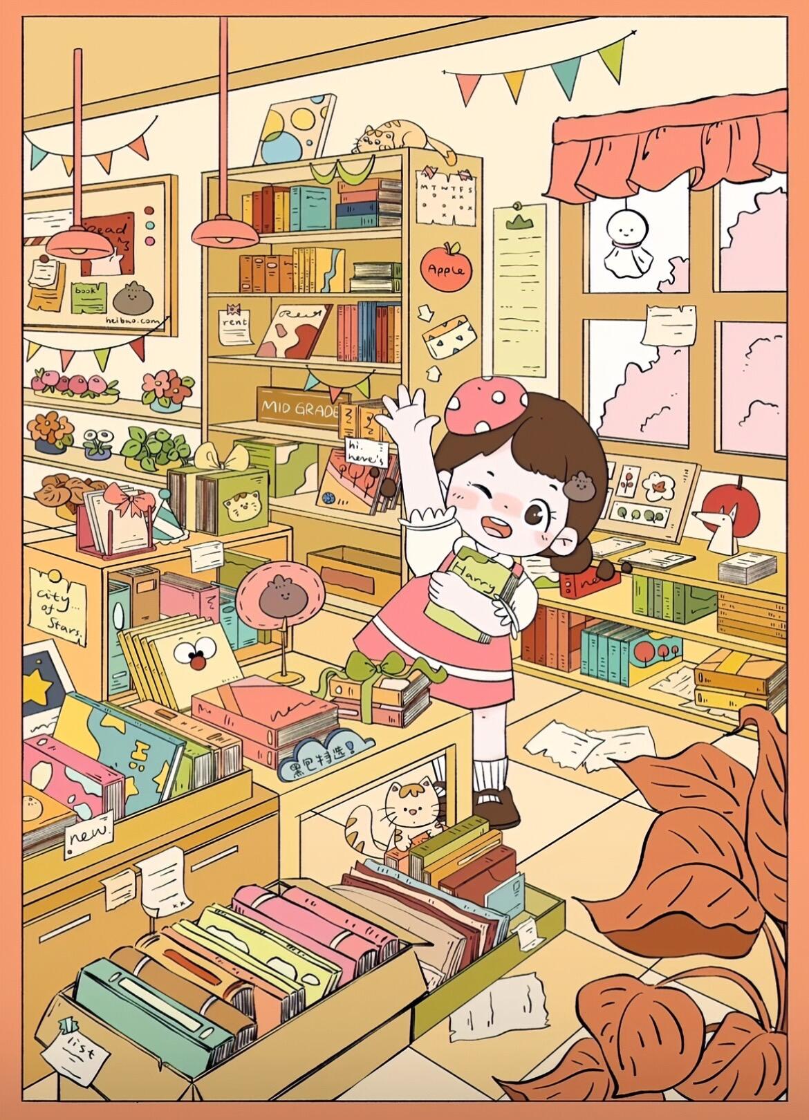 Book Nook sticker scene – a warm and cluttered bookstore where a girl finds joy among stacks of books