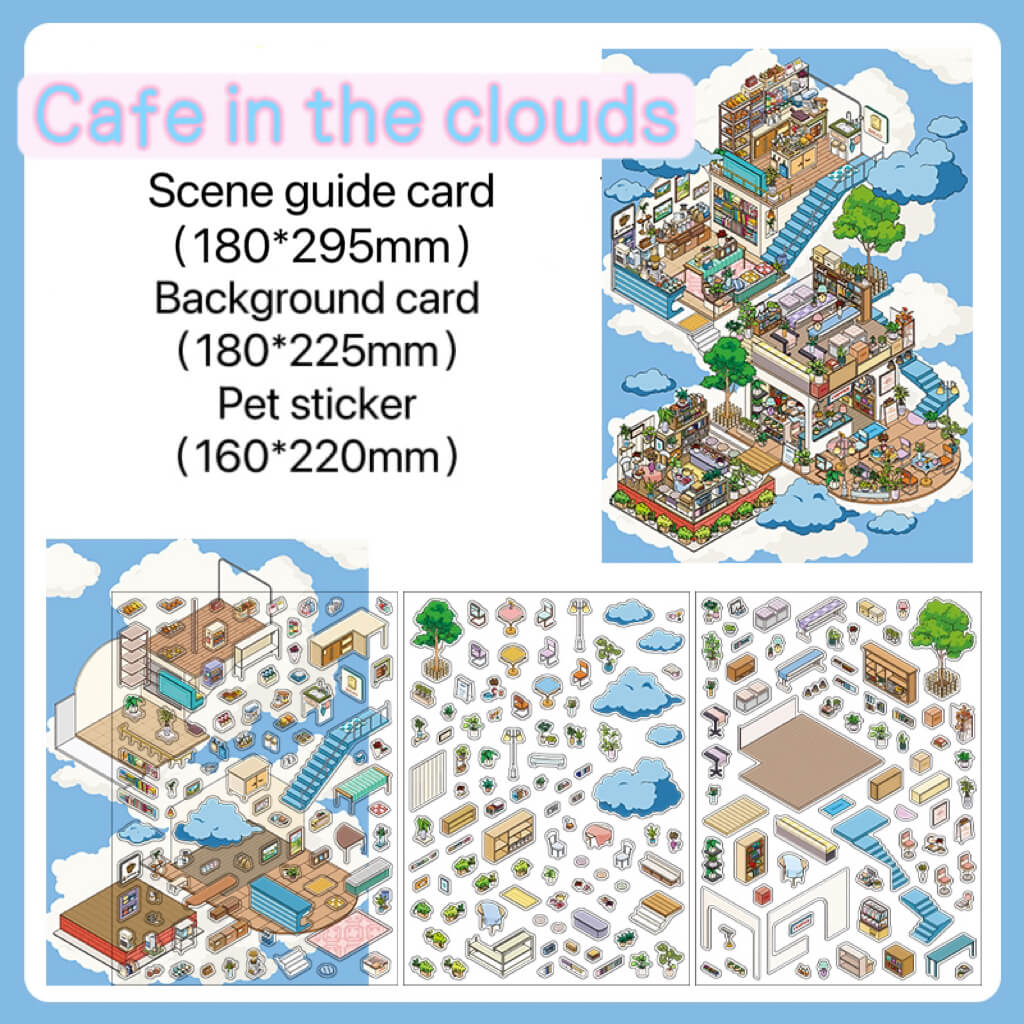 Doublewoo Cafe in the Clouds sticker set unboxing – includes 1 scene guide card, 1 dreamy sky-themed background card, and 3 PET sticker sheets with cozy cafe elements, clouds, trees, and furniture for journaling and scrapbooking.