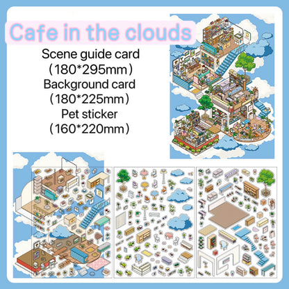 Doublewoo Cafe in the Clouds sticker set unboxing – includes 1 scene guide card, 1 dreamy sky-themed background card, and 3 PET sticker sheets with cozy cafe elements, clouds, trees, and furniture for journaling and scrapbooking.