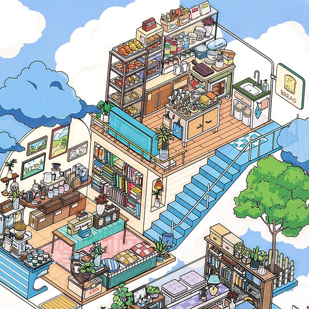 Close-up of Doublewoo Cafe in the Clouds scene – detailed view of cozy cafe elements like clouds, tables, chairs, and plants used in a dreamy sky-themed sticker setup for journaling and scrapbooking
