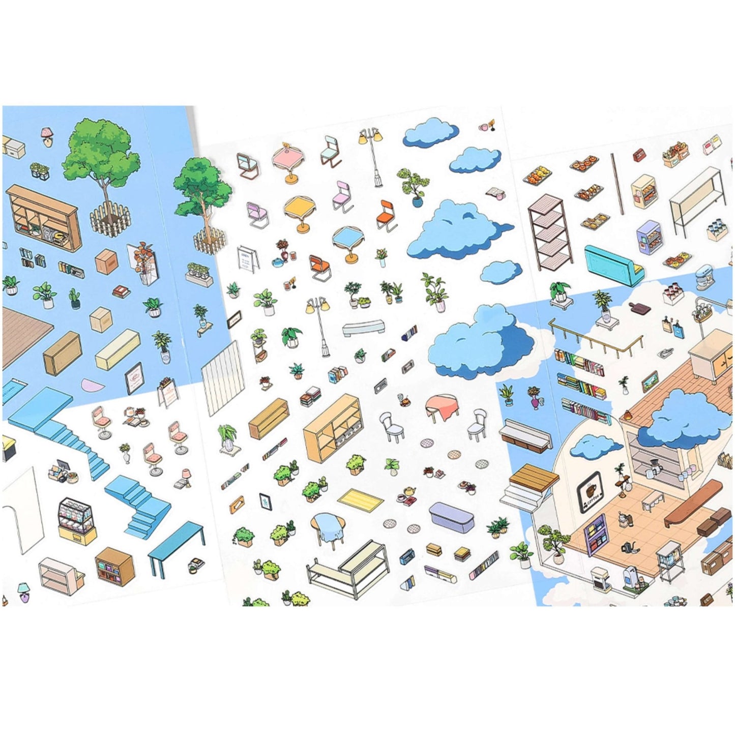 Doublewoo Cafe in the Clouds PET sticker sheets – full view of 3 transparent sticker sheets featuring dreamy cafe elements like clouds, furniture, trees, and decorations for journaling, scrapbooking, and creative scene building.