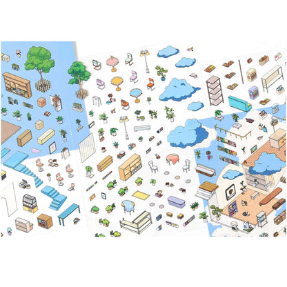 Doublewoo Cafe in the Clouds PET sticker sheets – full view of 3 transparent sticker sheets featuring dreamy cafe elements like clouds, furniture, trees, and decorations for journaling, scrapbooking, and creative scene building.