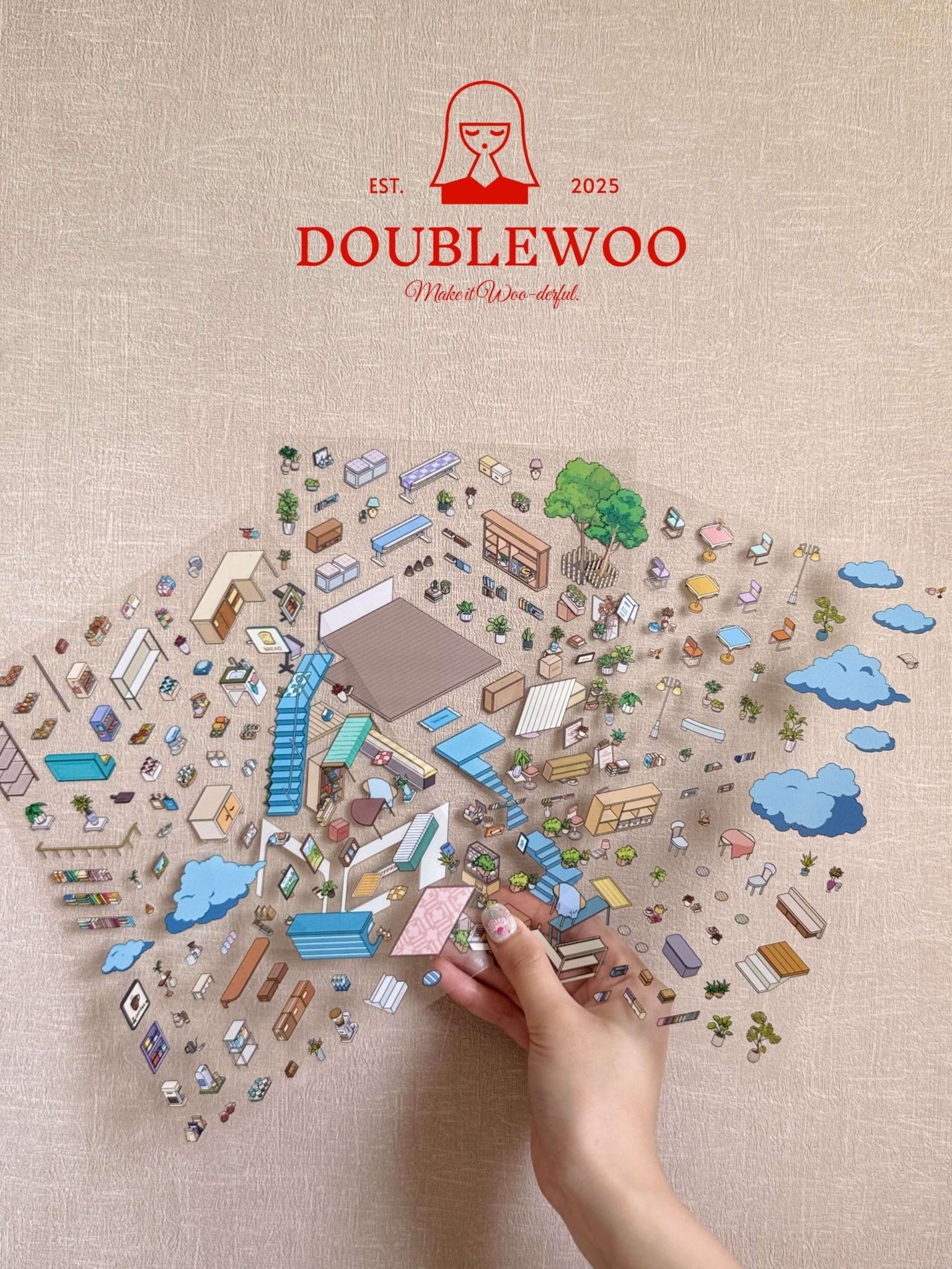 Doublewoo Cafe in the Clouds PET scenery sticker sheets – aesthetic decorative stickers featuring miniature furniture, trees, clouds, and cozy cafe elements for journaling, scrapbooking, and creative scene building.