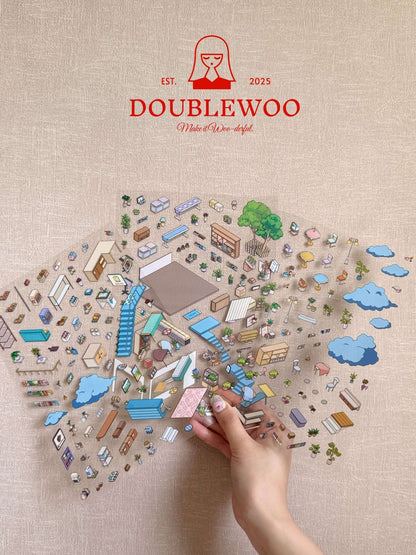 Doublewoo Cafe in the Clouds PET scenery sticker sheets – aesthetic decorative stickers featuring miniature furniture, trees, clouds, and cozy cafe elements for journaling, scrapbooking, and creative scene building.