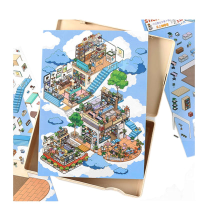 Doublewoo Cafe in the Clouds scenery sticker set – a dreamy sky-themed scene created with stickers featuring clouds, cozy furniture, trees, and charming cafe elements, perfect for journaling, scrapbooking, and aesthetic scene building.