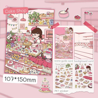 Cake Shop sticker kit – includes background card, scene guide, and PET sticker sheets with cakes and baking tools