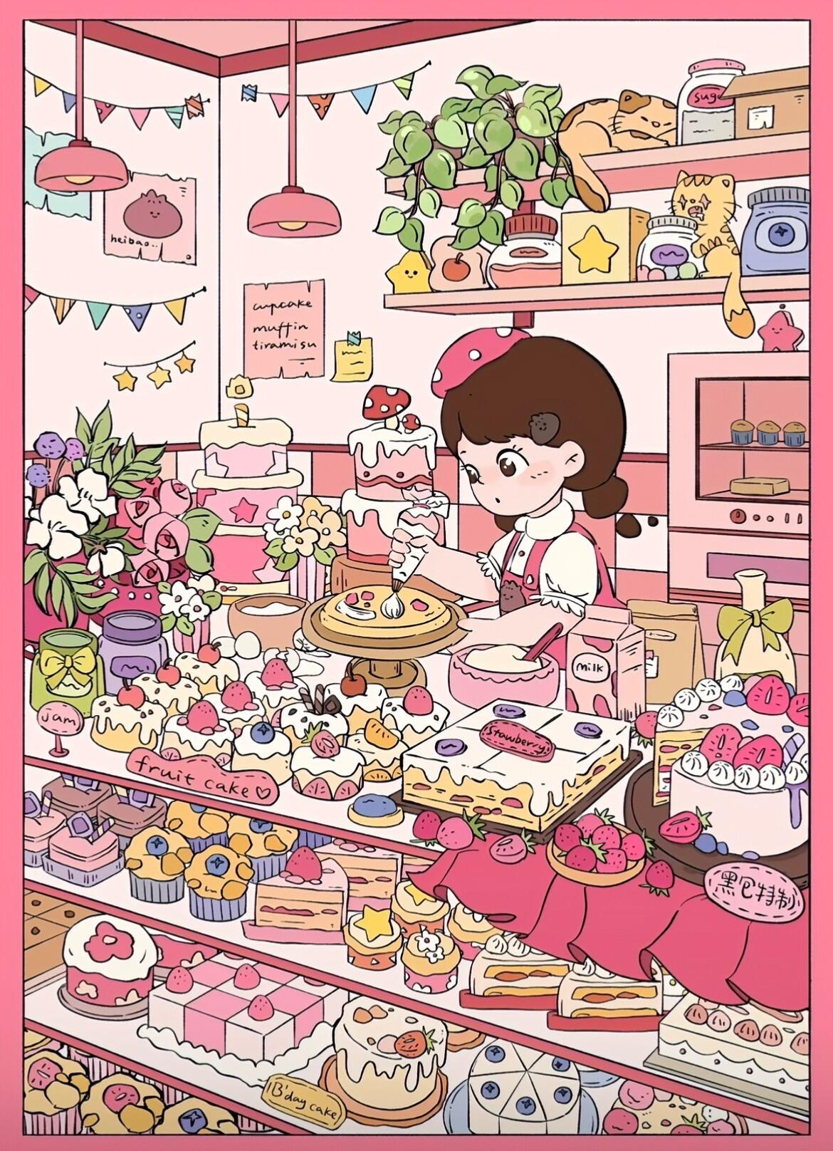 Cake Shop sticker scene – a delightful dessert shop brimming with cakes, sweets, and baking fun