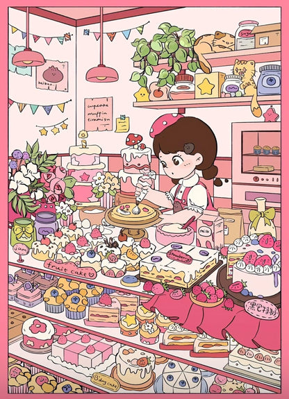 Cake Shop sticker scene – a delightful dessert shop brimming with cakes, sweets, and baking fun