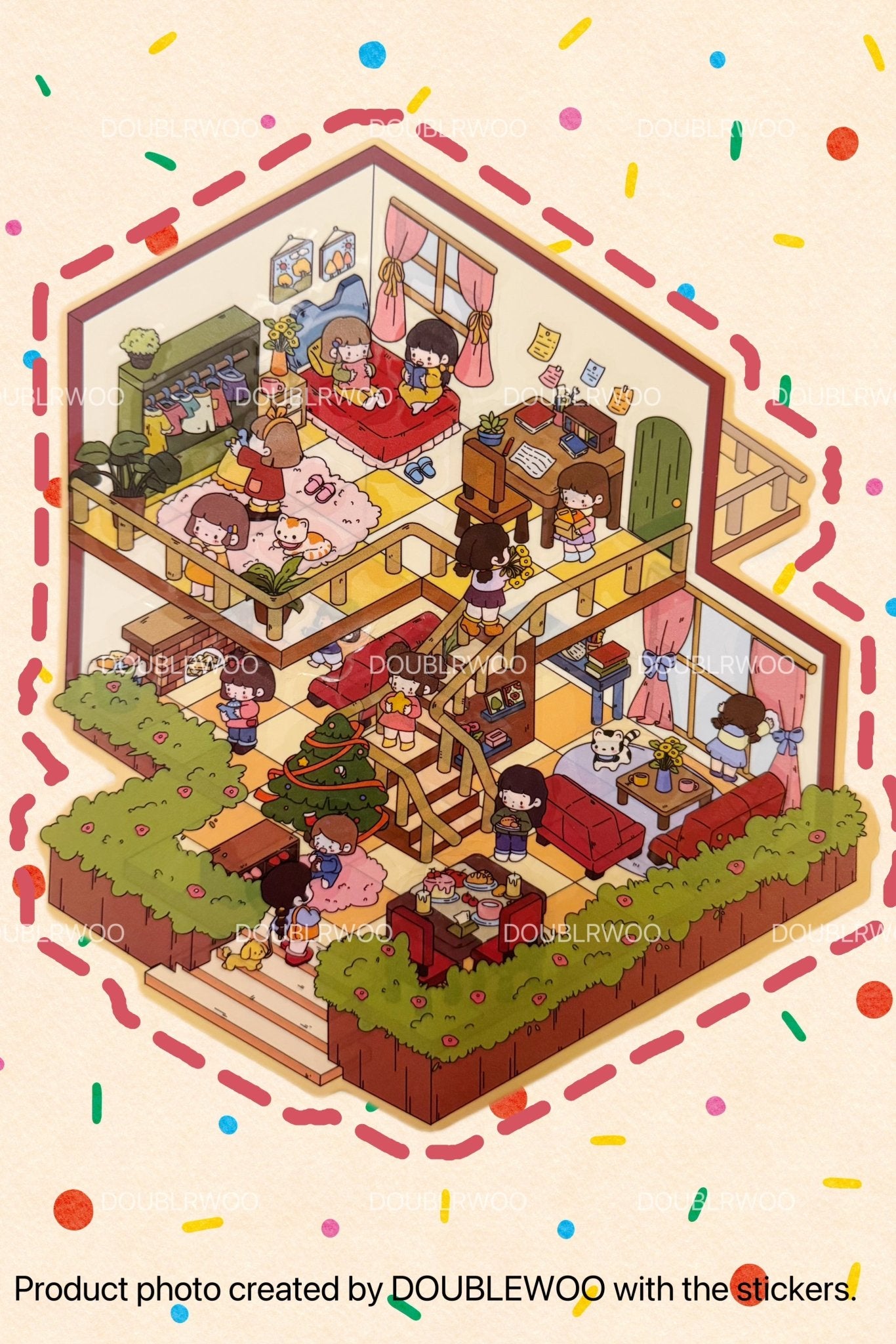 Final sticker scene of a laid-back home setting with green plants, stairs, cozy furniture, and characters enjoying a chill gathering