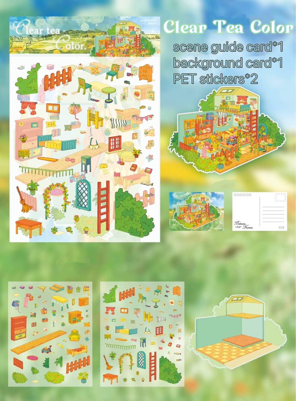 Clear Tea Color sticker kit featuring a bright, cozy garden house scene; includes 2 PET sticker sheets, 1 background card, and 1 scene guide.
