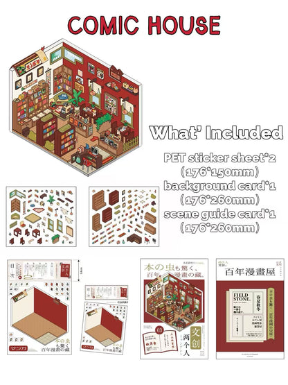 Comic house model kit with included components and packaging on a white background