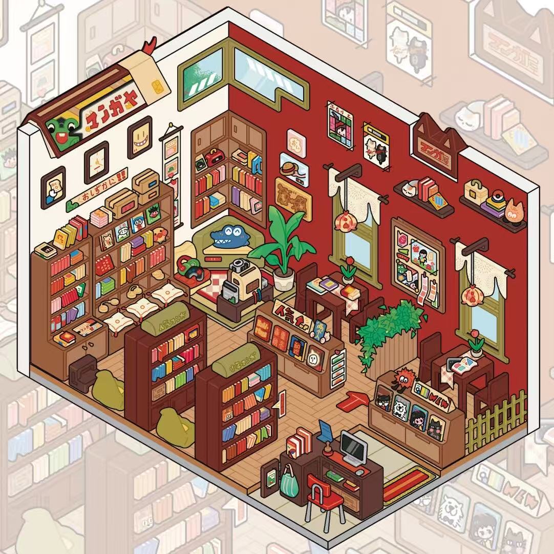 Isometric illustration of a cozy bookstore interior with bookshelves, furniture, and decor.