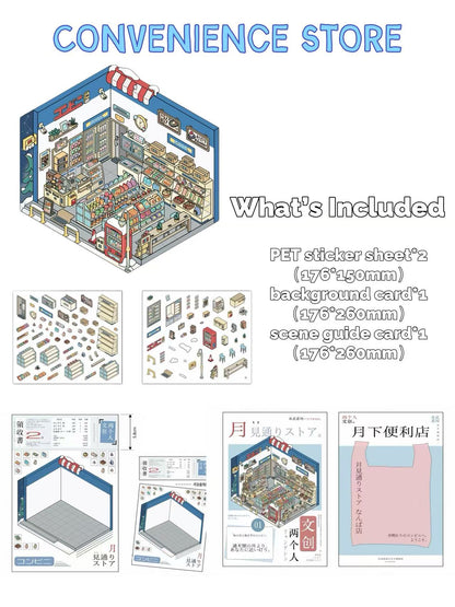 Illustrated convenience store set with components and packaging on a white background