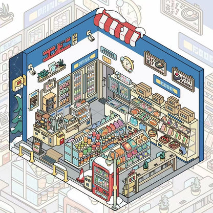 Illustration of a colorful store interior with various products and fixtures.