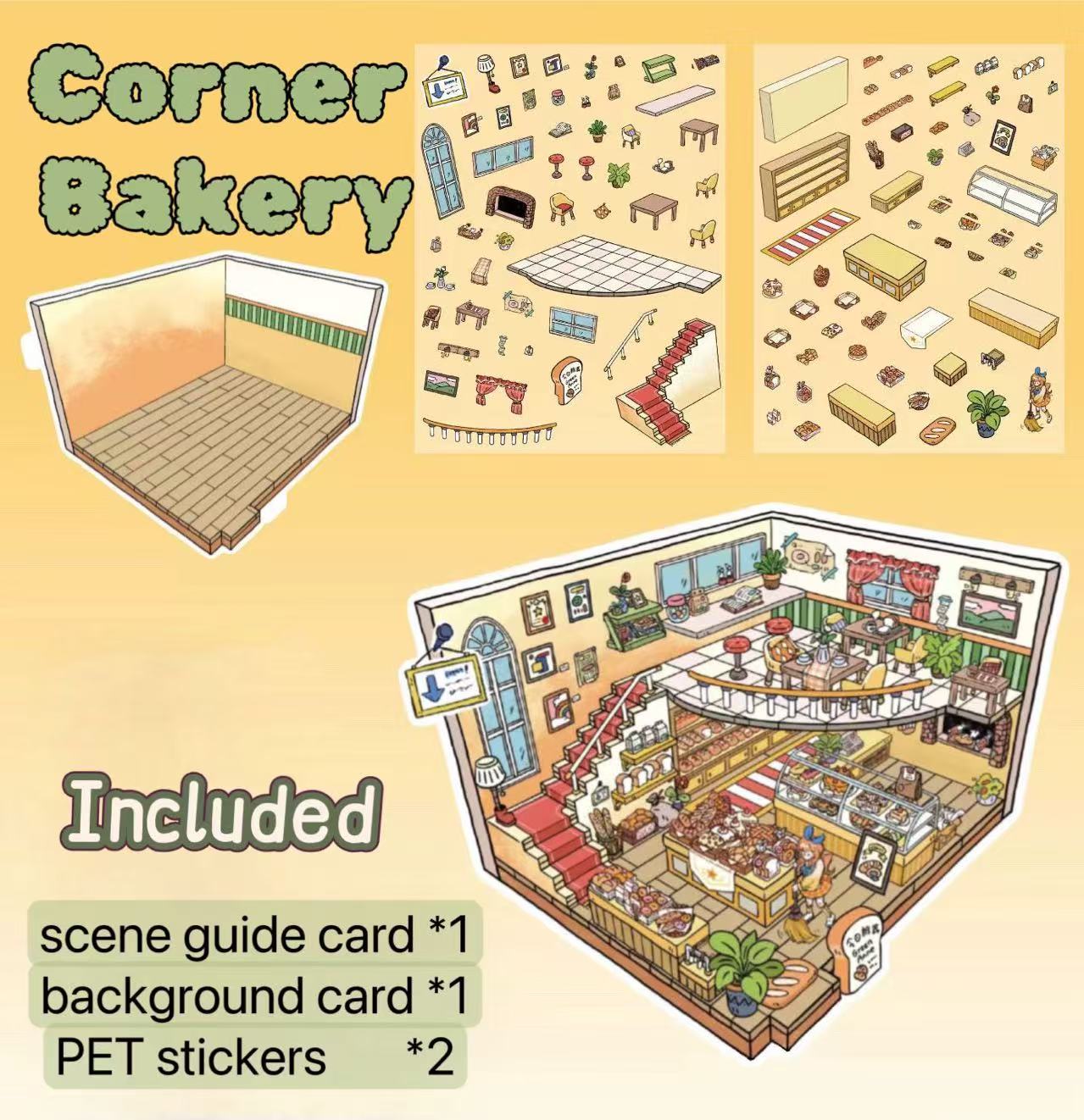 Corner Bakery scenery sticker contents – full bakery setup with PET stickers, cozy bakery furniture, display counters, bread racks, and warm background scene