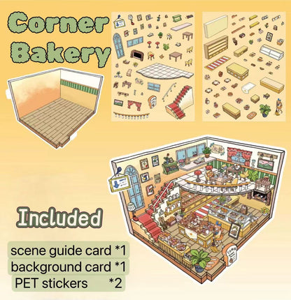 Corner Bakery scenery sticker contents – full bakery setup with PET stickers, cozy bakery furniture, display counters, bread racks, and warm background scene
