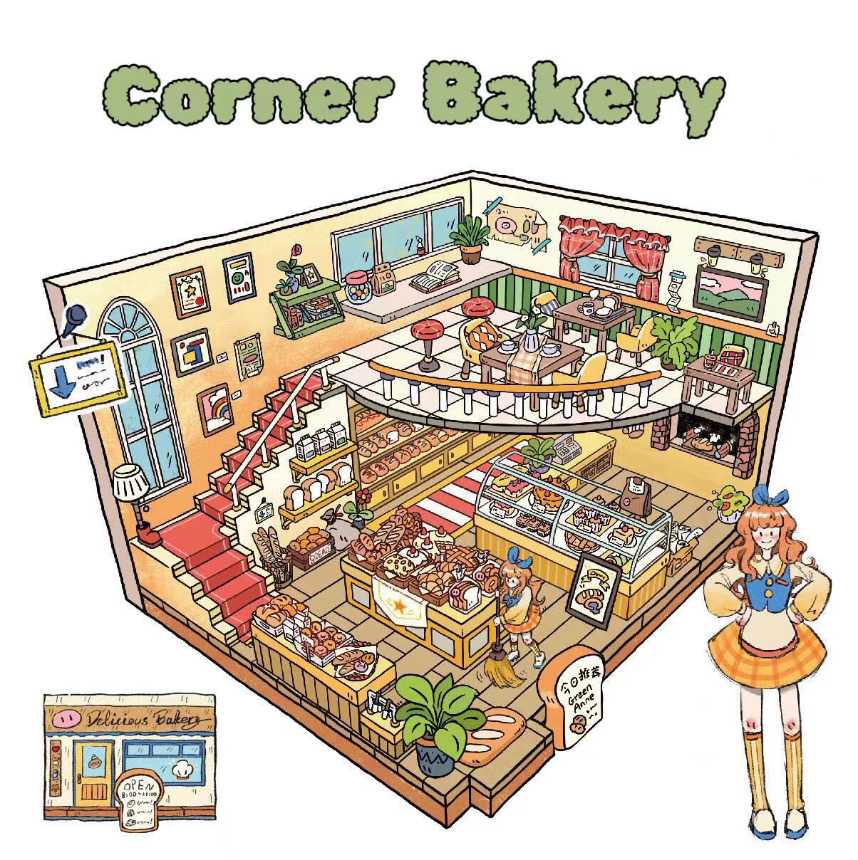 Corner Bakery scenery sticker – inviting bakery scene with two-story bread shelves, seating area, and warm afternoon light