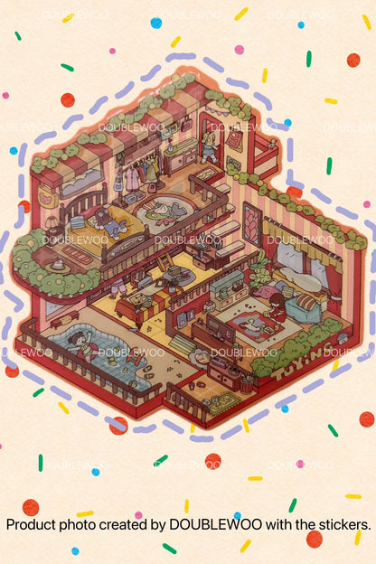 Completed sticker scene of a wooden cabin interior with warm tones, layered beds, and characters relaxing in a hot spring
