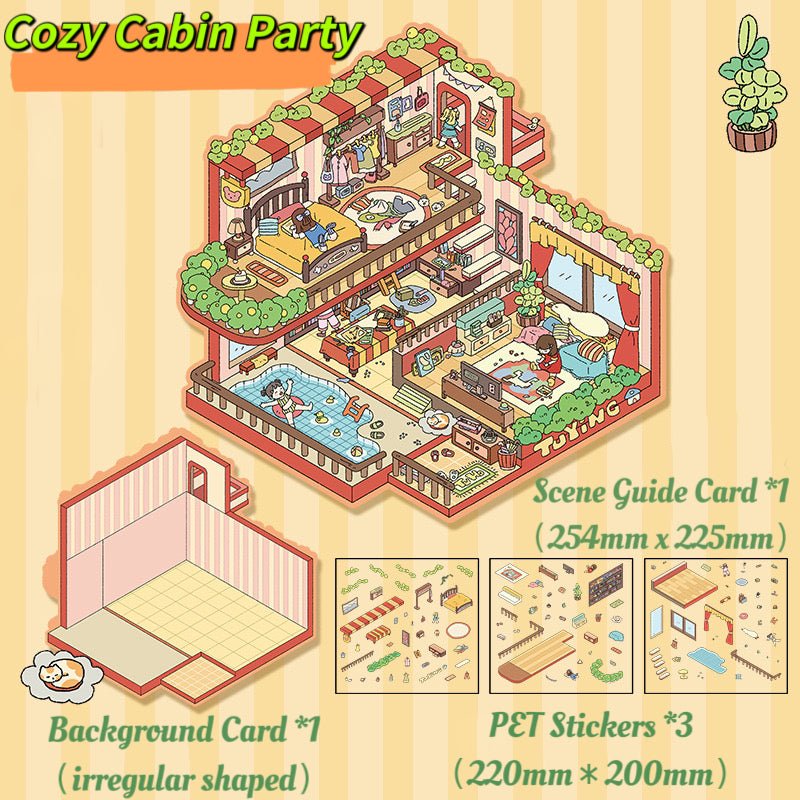Illustrated isometric sticker scene of Cozy Cabin Party with bedroom, living room, and pool area. Includes guide card, background, and PET sticker sheets