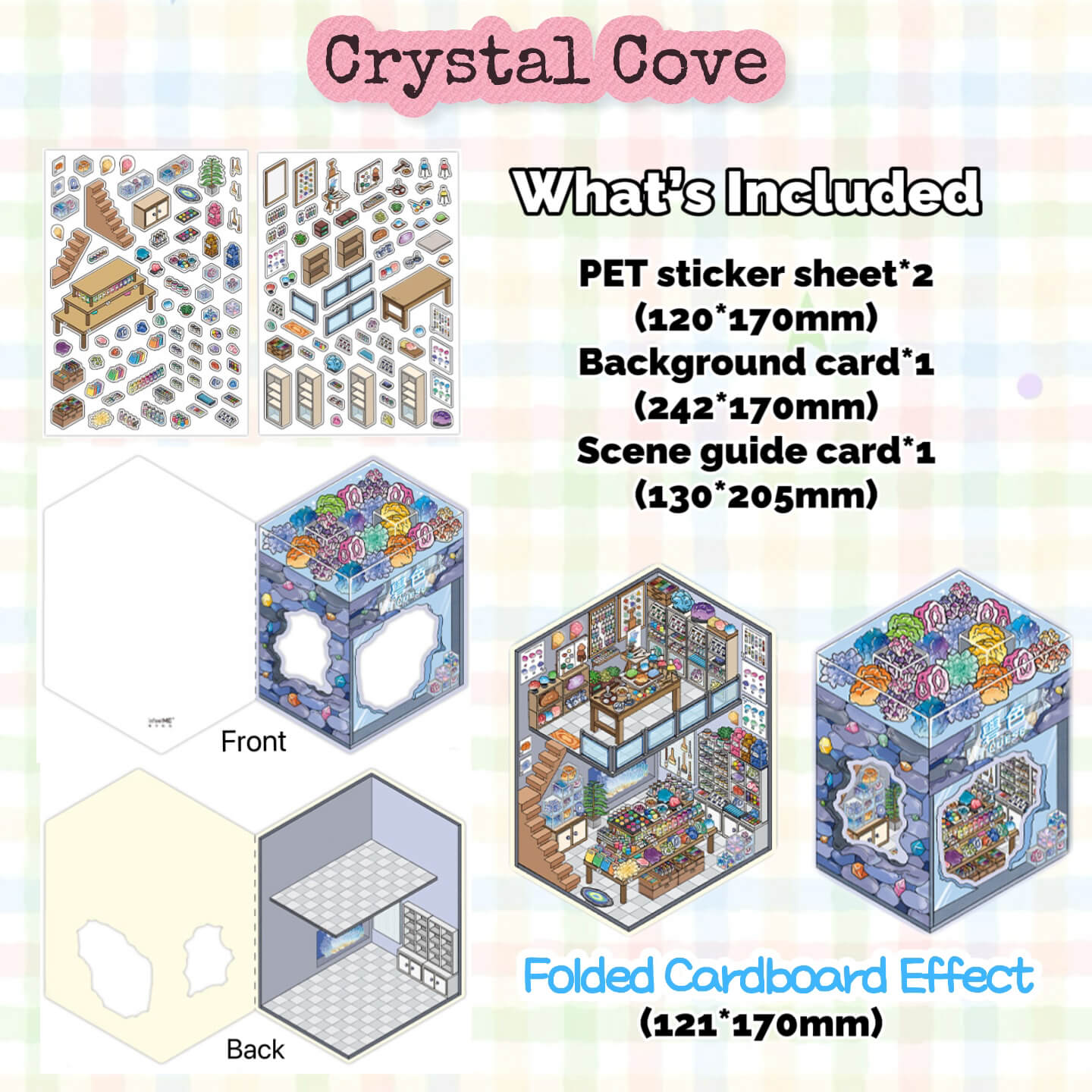 Product packaging for 'Crystal Cove' with included items and dimensions.