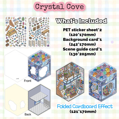 Product packaging for 'Crystal Cove' with included items and dimensions.