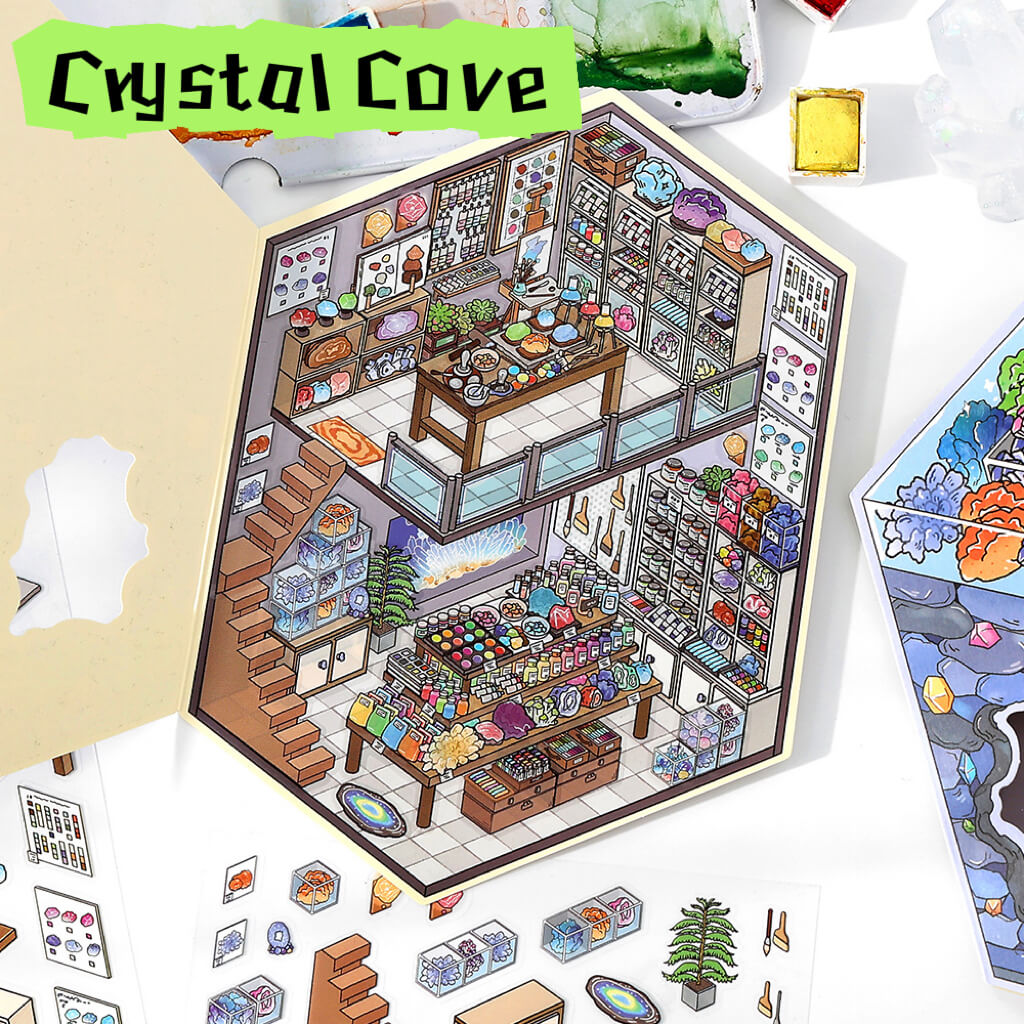 Illustration of a colorful room with 'Crystal Cove' branding on a white background