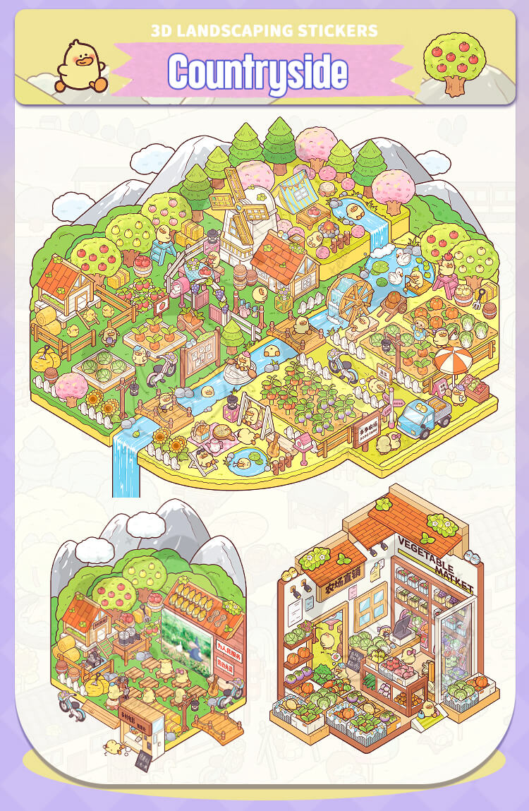 Illustration of a small town with shops and greenery on a white background